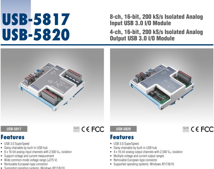 研華USB-5817 8通道，16位，200 kS / s隔離模擬輸入USB 3.0 I / O模塊