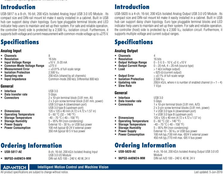 研華USB-5817 8通道，16位，200 kS / s隔離模擬輸入USB 3.0 I / O模塊
