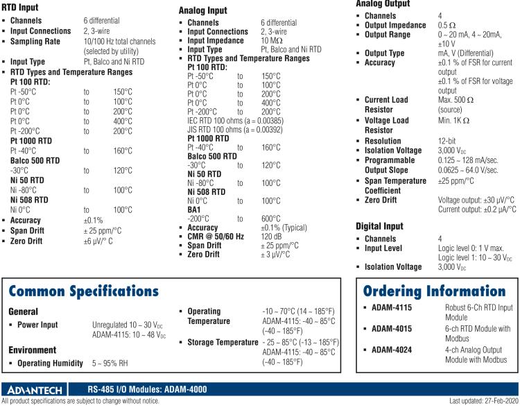 研華ADAM-4115-B ADAM-4115 6 通道 RTD 輸入模塊可接受多種 RTD 傳感器類型，包括 Pt100、Pt1000、Ni50、Ni508 和 Balco 500 系列