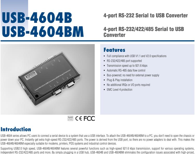 研華USB-4604BM USB轉4端口RS-232/422/485 轉換器，帶浪涌保護