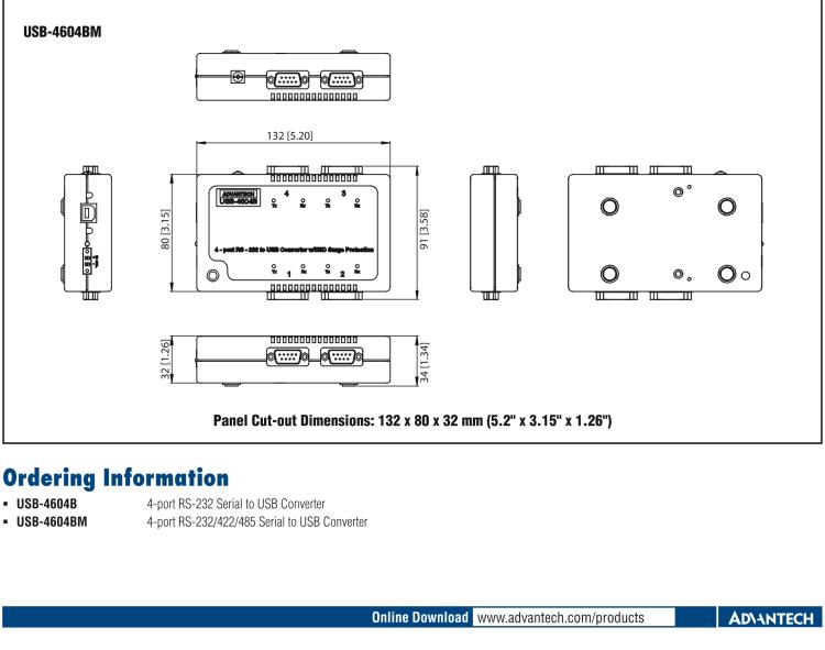 研華USB-4604BM USB轉4端口RS-232/422/485 轉換器，帶浪涌保護