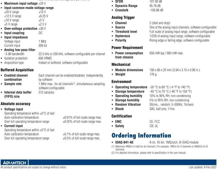 研華iDAQ-841 8通道同步采樣高達1 MS / s，16位分辨率模擬輸入 iDAQ 模塊