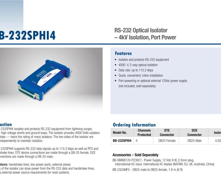 研華BB-232SPHI4 串口中繼器，RS-232 DB25，4 kV隔離，端口供電