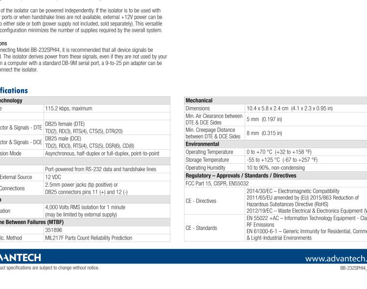 研華BB-232SPHI4 串口中繼器，RS-232 DB25，4 kV隔離，端口供電
