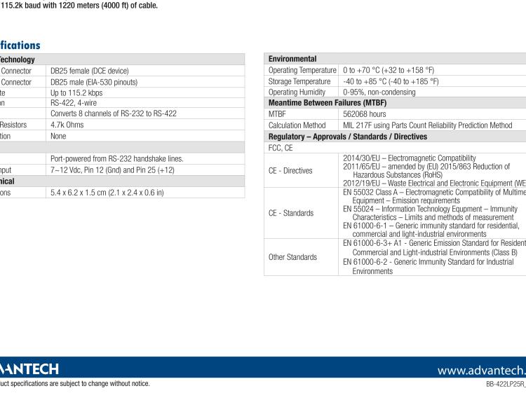 研華BB-422LP25R 串口轉換器，RS-232 DB-25 F至RS-422 DB25 M，端口供電